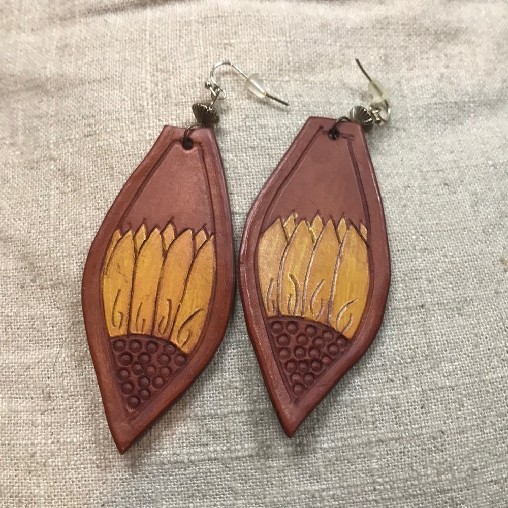 Leather sunflower earrings